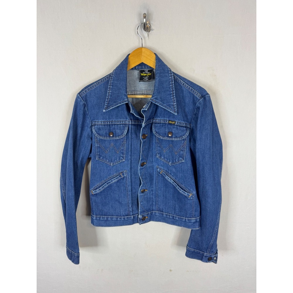 Vintage 70s Wrangler Denim Jacket Tops For Bottoms Line Blue Trucker Size 38